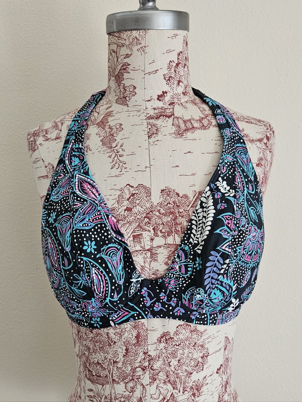 Sunsets Paisley Halter Bikini Top With Underwire - Black, Teal & Purple, 34DD